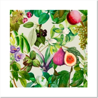 Vibrant tropical floral leaves and fruits floral illustration, Off white fruit pattern over a Posters and Art